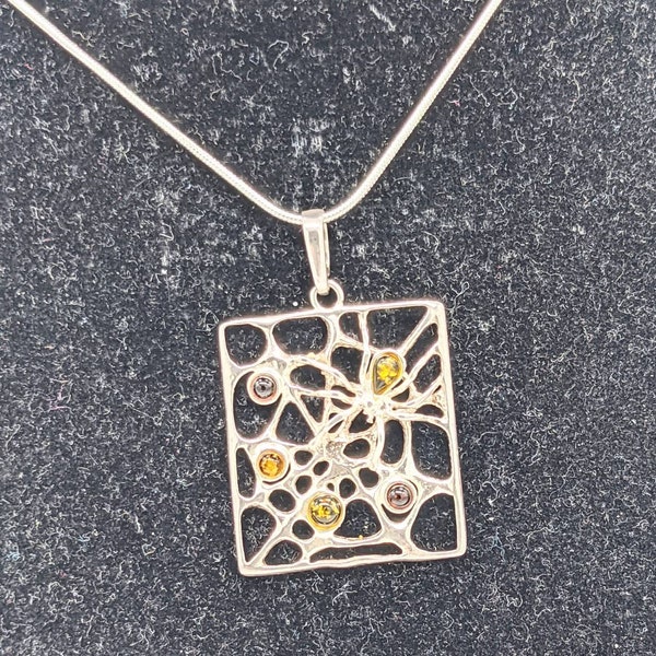 Sterling Silver Spider Web Spider Amber Accents SS Chain