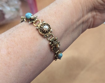 Vintage Victorian Revival Goldtone Faux Pearls Blue Stones Bracelet