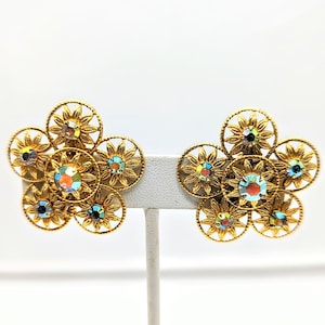 Vintage Golden Flower Rhinestone Accents Clip Earrings