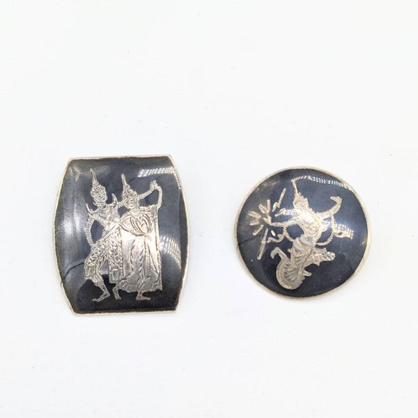 Two Vintage Siamese Traditional Sterling Silver Dancer Brooches Pins