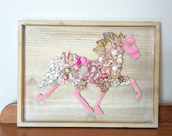 Handmade One of a Kind Pink Framed Horse Made of Repurposed Vintage Costume Jewelry