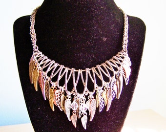Vintage Repurposed Coro Bib Necklace Angel Wings Feathers Mixed Metals OOAK Jewelry Statement Necklace