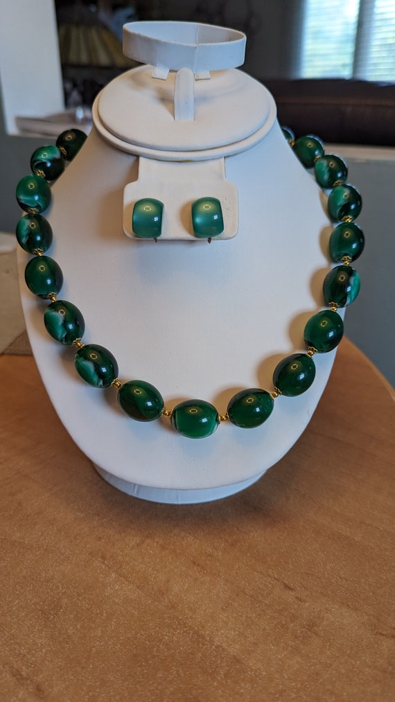 Vintage 1950s Green Moonglow Necklace Earrings Set