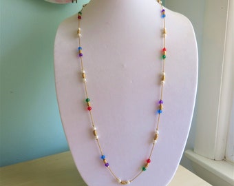 New Old Stock Vintage Anne Klein Long Multi-Color Beads Gold Tone Necklace Never Worn