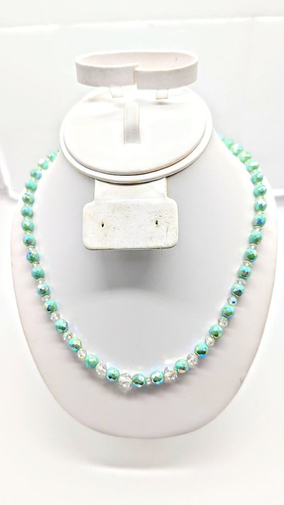 Vintage 1960s Faceted Aqua Clear Beaded Necklace