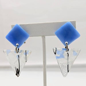 Vintage Handmade Fused Glass Blue Clear Dangle Earrings by Studio 3 Vury L Shott