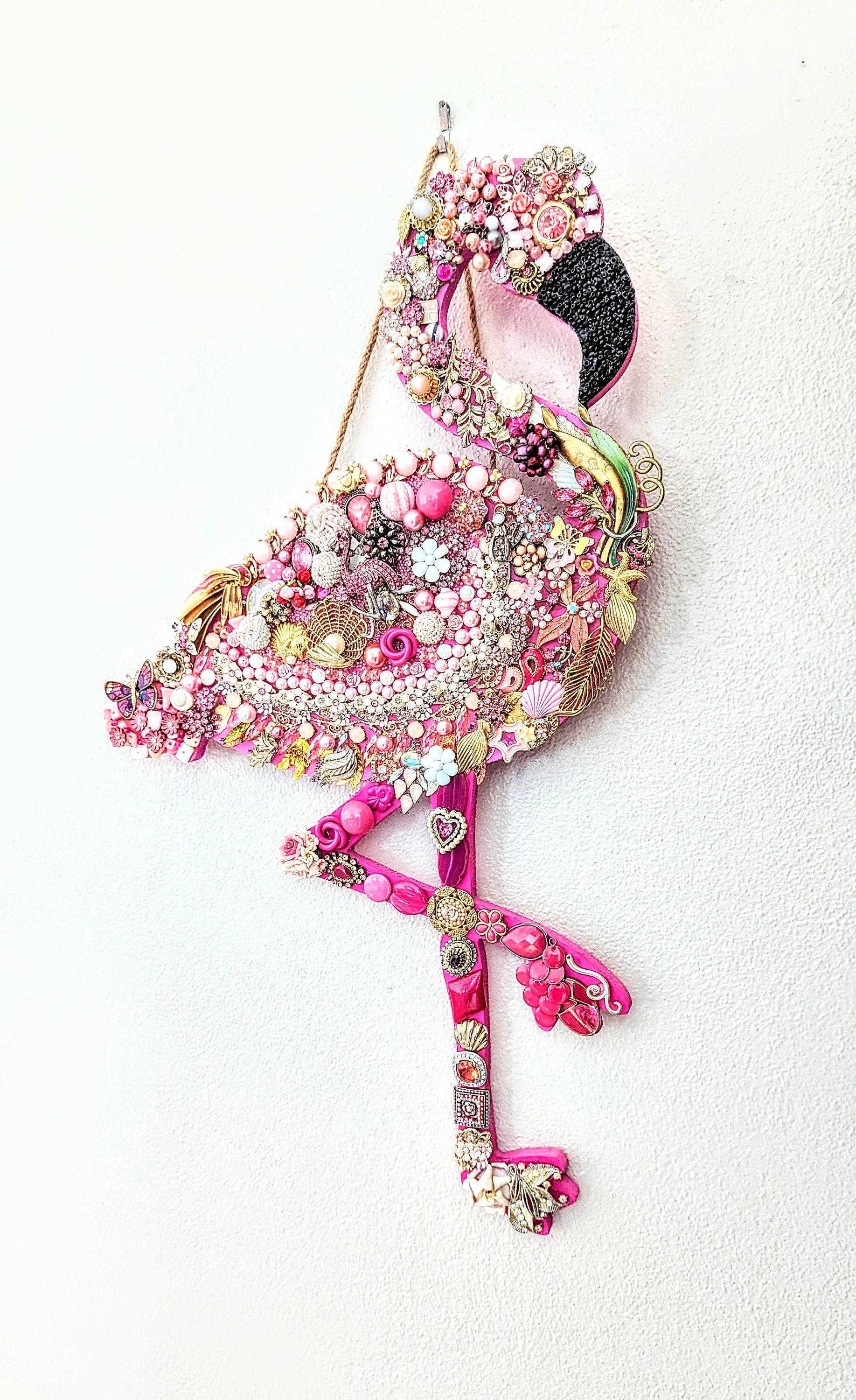 Large Handmade Collage Flamingo Vintage Costume Jewelry Pink White Gold Wall Hanging