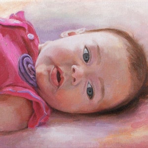 May include: A close-up portrait painting of a baby lying on its back, looking up at the viewer. The baby has light skin, blue eyes, and is wearing a pink shirt with a purple flower design.