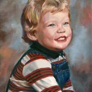 May include: A painting of a young boy with blond hair wearing a red and white striped shirt and blue overalls. He is smiling and looking to the right.