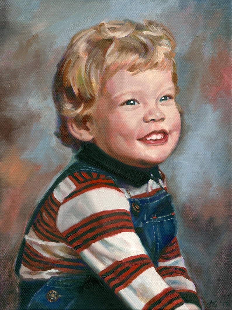 May include: A painting of a young boy with blond hair wearing a red and white striped shirt and blue overalls. He is smiling and looking to the right.