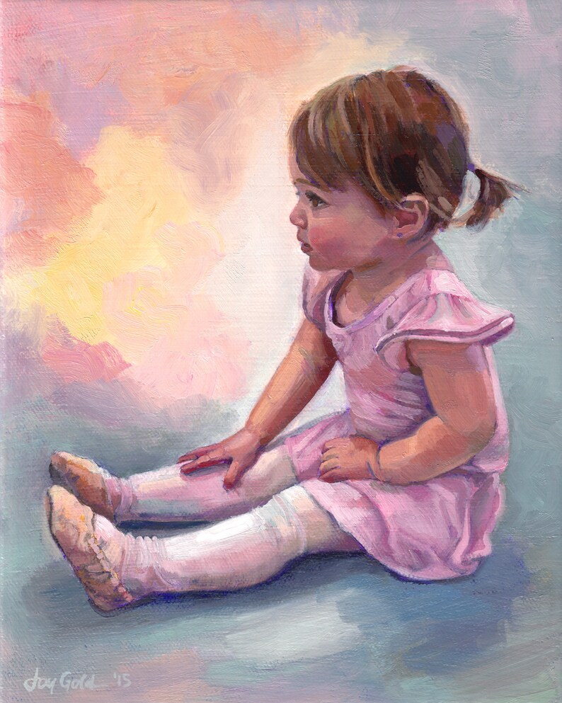 May include: A young girl in a pink dress and white tights sits on a blue background. She is wearing ballet shoes and has her hair pulled back in a ponytail. The background is a soft pink and yellow.