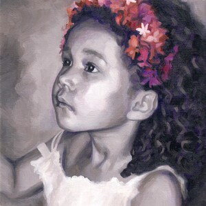 May include: A young girl with dark curly hair wears a white dress and a flower crown with pink and purple flowers. The girl is looking up and smiling.