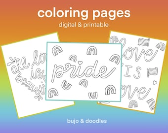 Pride Coloring Page Pack | Digitaler Download | Ausmalbild | Druckbar | Regenbogen | PDF Download | PNG mit transparentem Hintergrund