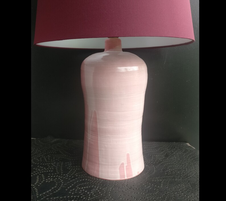 Tall Pottery Table Lamp With Pink And White Glaze Base Made From Stoneware Clay In Finland