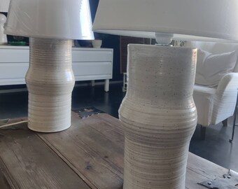 Two Finnish Rustic, asymmetric hand made pottery bedside / table lamps. White Table lamp body with speckles and white shade. Ready to use.
