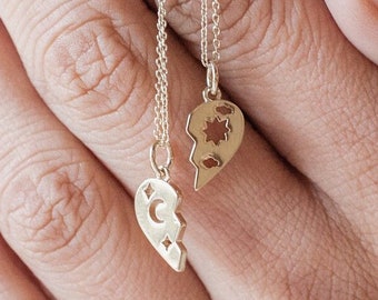 BFF Best Friend Heart Set Necklace Duo Set, Gift for Bestie, Dainty Delicate Jewelry Gold, Rose Gold, or Silver - Honeycat