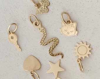 Solid 14k Gold Cat, Butterfly, Key, Heart, Snake, Star, Sun | Tiny Magic Single Charms