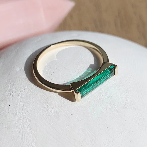 Long Crystal Baguette Ring (Green) in Gold, Rose Gold, or Silver   Everyday, Minimalist, Delicate Jewelry by HONEYCAT in size 5, 6, 7, 8