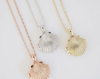 Shell Locket Necklace in Gold, Silver, Rose Gold | Dainty Minimalist Everyday Gift Jewelry |  Honeycat