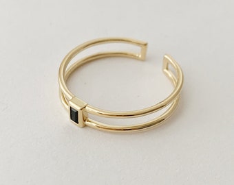 Double Stack Genevieve Black Crystal Stack Ring   Dainty Jewelry   Gold, Rose Gold, Silver   Adjustable Size 5, 6, 7, 8, 9, 10, 11