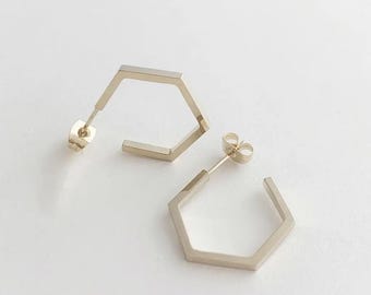 Pendientes de aro hexagonales en oro, plata y oro rosa / Joyería minimalista y delicada para el día a día / Honeycat
