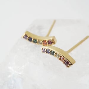 Rainbow Crystal Arc Stud Earrings, Dainty Jewelry (8.5 mm)