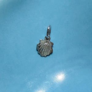 May include: A small, polished silver-toned metal charm shaped like a scallop shell. The charm features a series of radiating embossed lines across its surface and includes a circular jump ring at the top for attachment to a chain or bracelet.