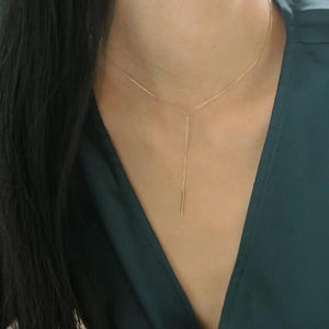 Whisper Thin Lariat Bar Necklace, 14k Gold in Gold, Silver, Rose Gold | Dainty Minimalist Everyday Gift Jewelry |  Honeycat