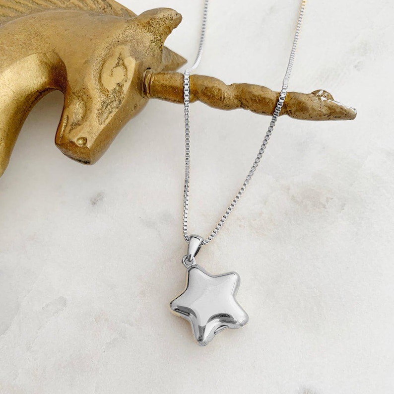 Polly Star Locket Necklace featuring a shiny star charm on a sleek box chain, perfect for layering and stylish looks.