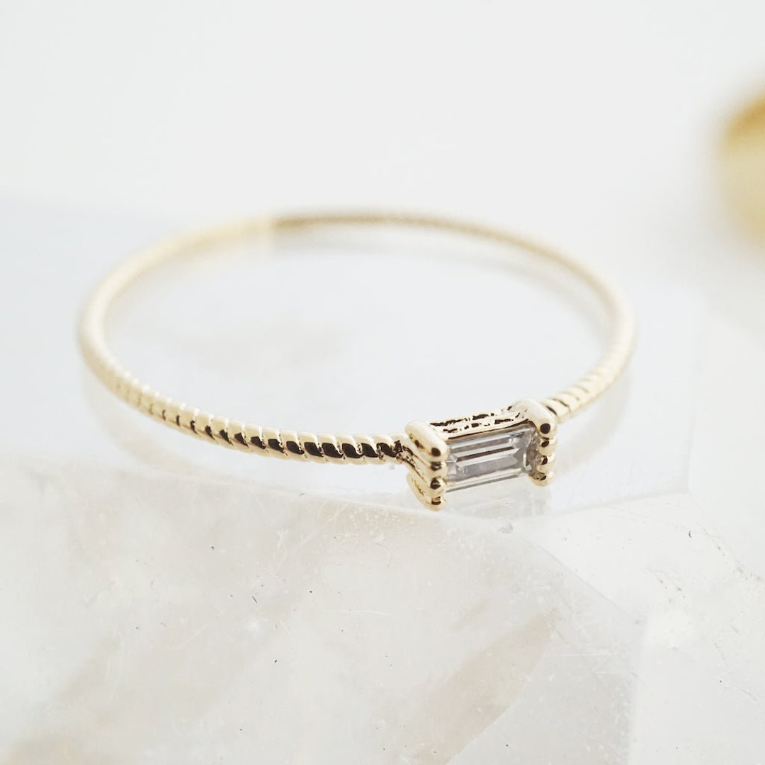 HONEYCAT Dainty Crystal Baguette Ring - Minimalist Gold, Rose Gold, Or Silver Delicate Jewelry (Rose Gold, Size 6) - View #3