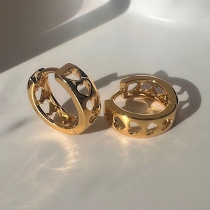 Punched Heart Hoops in Gold, Silver, Rose Gold | Dainty Minimalist Everyday Gift Jewelry |  Honeycat