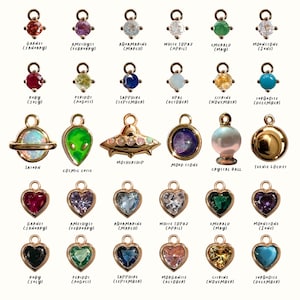 Dijes de cristal adicionales: Engastes de corazones con piedras de nacimiento, dije que cambia de color según el estado de ánimo, nave espacial, extraterrestre, planeta, mini medallón, bola de cristal
