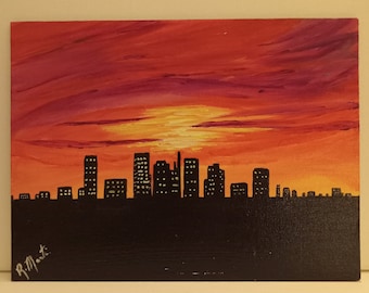 original city sunset, silhouette,hand painted, orange, purple, original signed painting, phoenix arizona, gift,9x12 canvas, RobinMartinArt