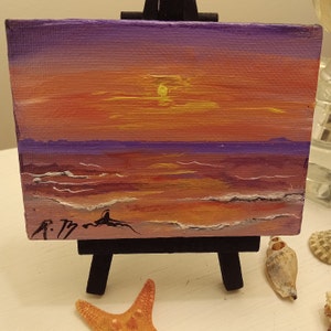 small,mini,seascape painting,sunset,acrylic,canvas3x4 canvas,hand painted,gift,orange,purple,RobinMartinArt