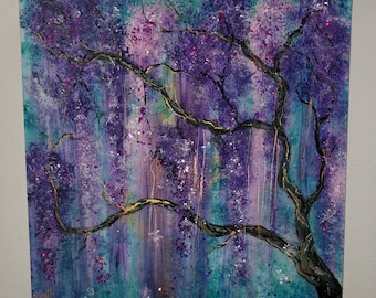Wisteria tree wall art,sparkle, shiny,crushed glass, resin,hand painted,original,purple, blue, green,pink,gold