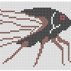 May include: Cross-stitch pattern of a brown and black cicada with red eyes. The cicada is in flight with its wings spread out.