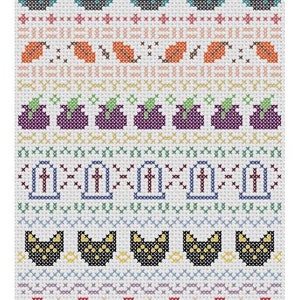 A cross stitch on off-white aida fabric featuring six different fall-themed repeating  patterns and six different repeating borders. From top to bottom, the fall patterns are owls, leaves, cauldrons, gravestones, black cats, and mushrooms.