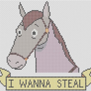Peut inclure: Un cheval gris avec une crinière brune et une bride jaune regarde vers la gauche. Le cheval porte un licol en cuir marron. Une bannière jaune avec le texte "I wanna steal" est en dessous du cheval.