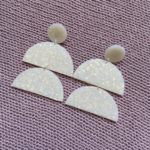 Opal Polymer Clay Earrings,  Half Circle Earrings, Statement, Sparkle earrings, Confetti earrings, Shimmer Clay, nickel free