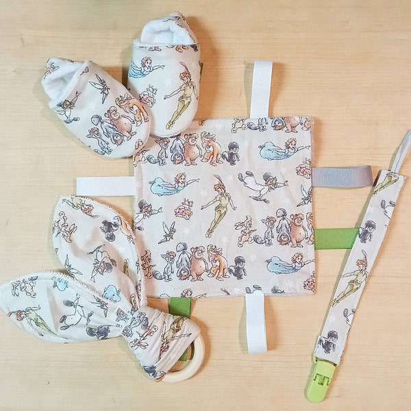 Pan Inspired Baby Shower Set/ Gift. Handmade. 0-3 months Baby Booties, Crinkle Toy, Teething Ring, and Pacifier Clip.