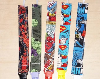 Superhero Pacifier Clips. Sold separately or as a set. Handmade.