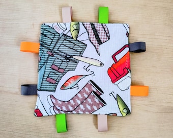 Angeln Thema Baby Knistertuch. Größe 6 x 6 .. Handgefertigt. Band-Tags. Minky zurück.