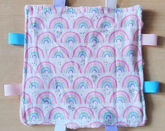 Rainbow Theme Baby Crinkle Toy. Size 6 x 6.. Handmade. Ribbon tags. Minky back.