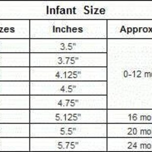 May include: Infant shoe size chart showing UK sizes, corresponding inches, and approximate age ranges. Sizes range from 1 to 8, with inches from 3.5 to 5.75, and ages from 0-12 months to 24 months.
