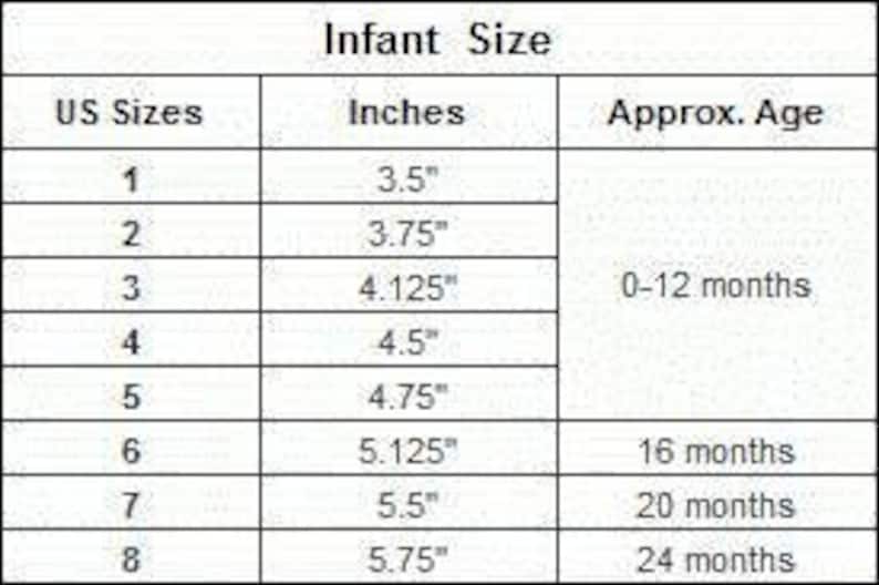 May include: Infant shoe size chart showing UK sizes, corresponding inches, and approximate age ranges. Sizes range from 1 to 8, with inches from 3.5 to 5.75, and ages from 0-12 months to 24 months.