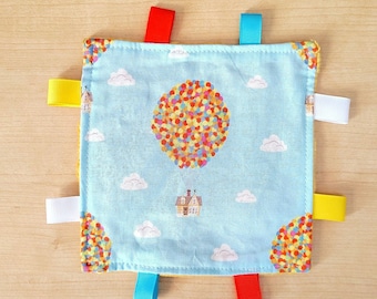 Up inspired Theme Baby Crinkle Toy. Size 6 x 6.. Handmade. Ribbon tags. Minky back.