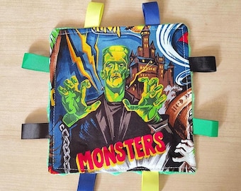 Frankensteins Monster theme Sensory Crinkle Toy 6x6. Minky back. Handmade.