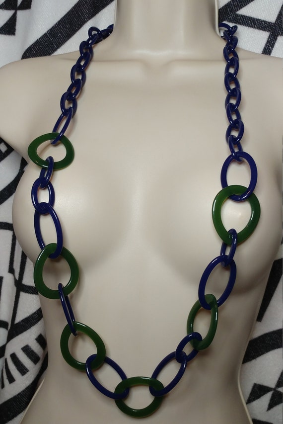 Vintage Blue and Green Lucite, Long Link Necklace