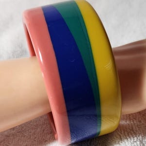 Vintage Blue,Yellow,Green Striped Lucite Bangle Bracelet.