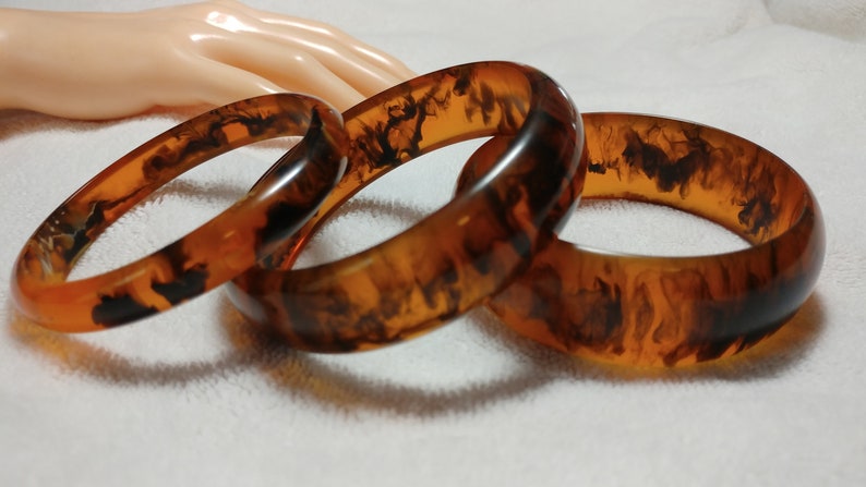 Vintage 3 Pc Amber End of Day Lucite Bangle Bracelets Tortoise